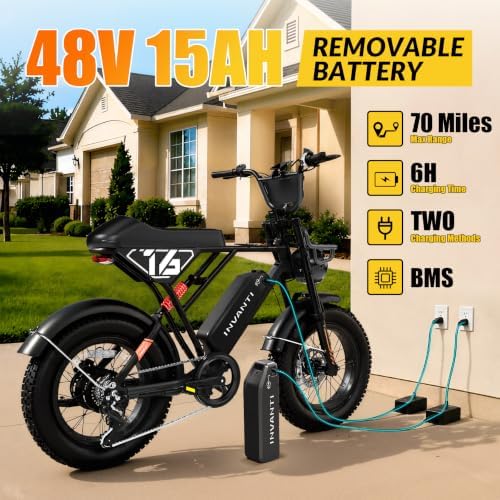 INVANTI Electric Bike for Adults with 750W Rated Motor, 70Miles & 20Mph, 20x4 Fat Tire Electric Dirt Bike with 48V 15.6AH Removable Battery, Full Suspension Ebike with Colorful LED Display image 4