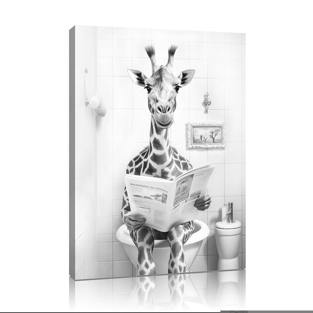 Yidepot Funny Toilet Giraffe Bathroom Decor: Kids Bathroom Pictures Black And Black And White Canvas Wall Art Framed 12"x16" - Image 2