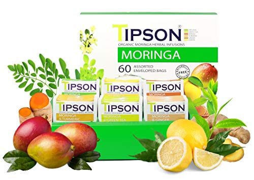 Tipson Organic Moringa Variety Sampler – 6 Flavors (60 Tea Bags),- Herbal Tea Infusions – USDA Organic, Non-GMO, and Gluten Free