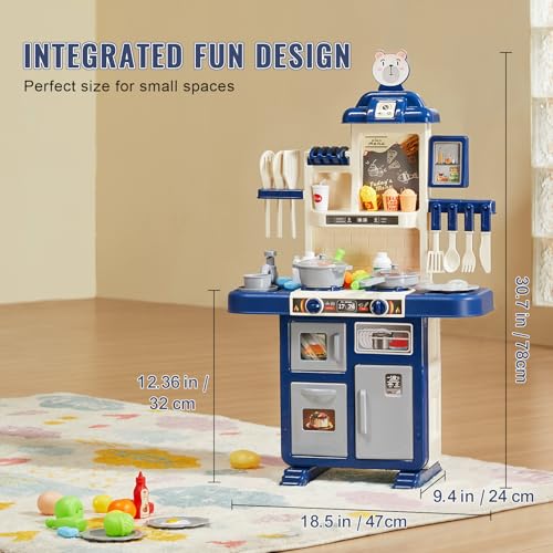 Image of VEVOR Kids Kitchen Playset 48PCS, Pretend Play Kitchen with Cooking Stove with Steam, Sounds and Lights, Play Sink and Play Food, Toy Kitchen Set for Toddlers (Blue) Size 18.5 inch x 9.4 inch x 30.7 inch