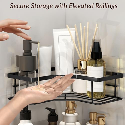 Image of Plantex Alloy Steel Self Adhesive Bathroom Shelf Rack /Bathroom Organizer Without Drill /Soap Dish /Multipurpose Corner Shelf for Bathroom Wall /Soap Holder /Tumbler Holder-Combo(Black)