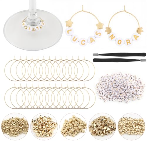 MOMOTONX 60 Set DIY Wine Glass Charms 1040 Letter Beads 300 Gold Bead Charms 60 Rings for Stem Glasses Personalized Wine Glass Markers Tags for Wedding Party Decorations (White)