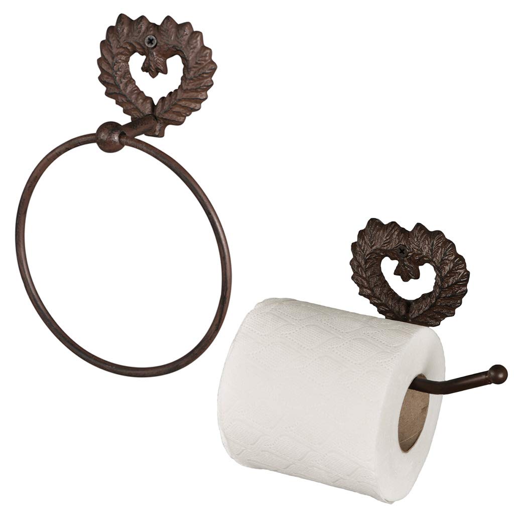 Wall Mounted Heart Cast Iron Bathroom Accessory Set Towel Ring & Toilet Roll Holder