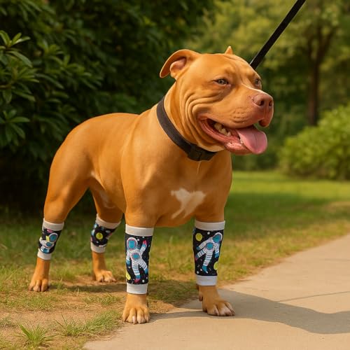 Image of Petwarm Dog Recovery Leg Sleeves 4pcs Set Astronaut Print - Soft Anti-Lick Joint Support Wraps for Small Dogs, Cone-Free Surgery Protection, Grey, S