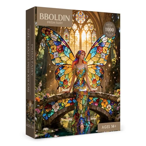 Rompecabezas de mosaico de vidrieras con hada, 1000 piezas para adultos, rompecabezas de rompecabezas fantásticos con alas coloridas, bosque de mariposas, ángel y arcoíris miniatura 2