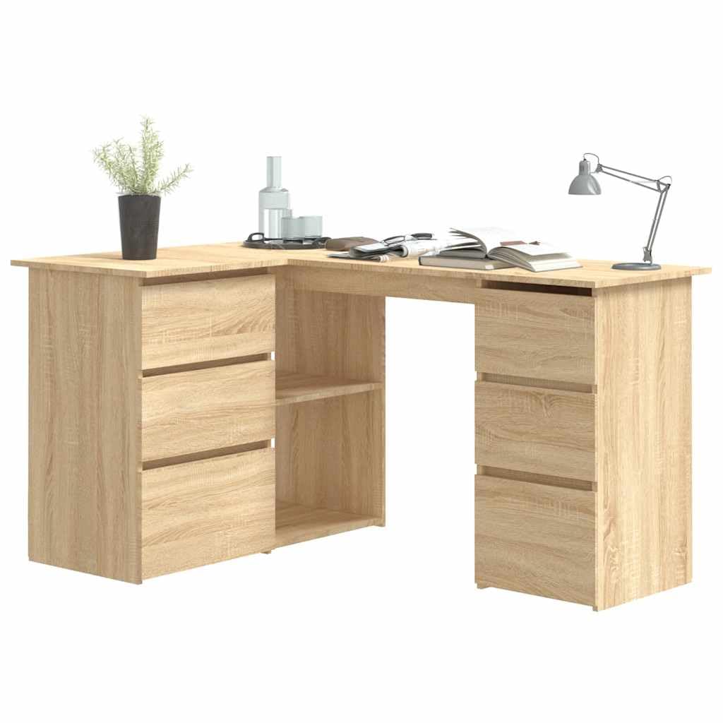 Scrivania angolare in legno di rovere Sonoma, 145 x 100 x 76 cm, con 4 cassetti e ripiani, per ufficio, studio, casa, organizzazione e postazione di lavoro