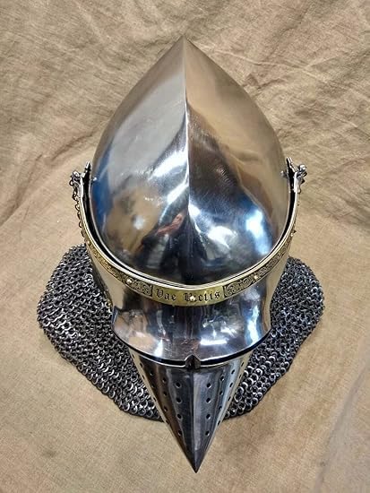 Casque médiéval Bascinet Hounskull avec visière gravée - Cadeau de collection pour père - Argent