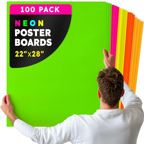 Image of Hygloss Medium Poster Board 22x28 - 100 Assorted Neon Color Bulk Pack - 10 Pt. Thickness Colored Poster Board Paper for Projects, Signs, Displays - Posterboard Multipack 22 inch x 28 inch