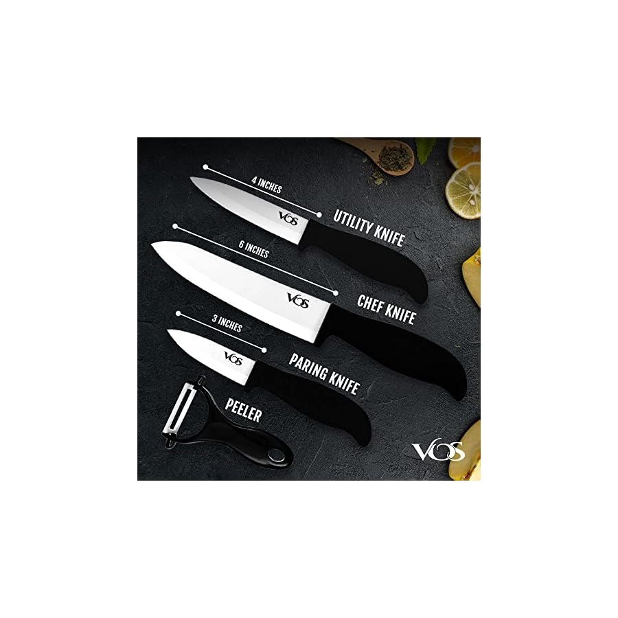 Vos-Ceramic-Knives-for-Kitchen-Three-Knife-Set-With-3-Covers-a-Peeler-and-a-Gift-Box-Black Vos Ceramic Knife Set, Ceramic Knives Set For Kitchen, Ceramic Kitchen Knives With Peeler, Ceramic Paring Knife 3", 4", 6", Inch Black