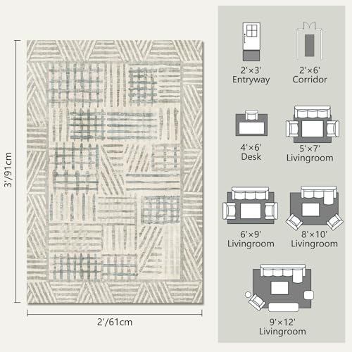 Image of Non-Slip Washable Entry Rug 2x3 Abstract Geometric Textured Brushstroke - Neutral Gray & Light Blue Modern Minimalist Hallway Runner Rug, Decorative Carpet for Living Room Bedroom Home Decor