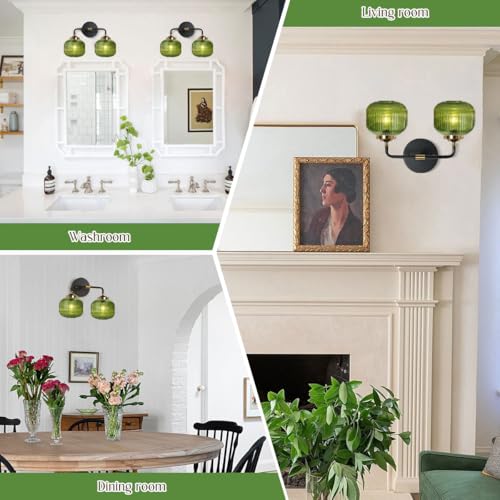 Image of 2-Lights Globe Wall Sconce Bathroom Light fixtures Vanity Lamp Mid Century Modern Wall Lights with Green Striped Glass Shade Vintage Vanity Lights for Over Mirror Hallway Overhead