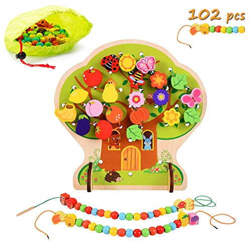 KaliningEU Fädelspiel Holz Motorikspielzeug Baum Obst Gemüse Tier Holz Perlen Spielzeug, Montessori Holzspielzeug Baby Cover