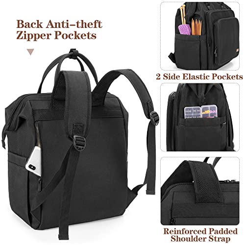 LoDrid Knitting Bag Backpack with Three Oversized Grommets, Travel Yarn Bag with Steel Frame Top, Crochet Organizer for Crochet Hooks, Knitting Needles, and Other Accessories, Black