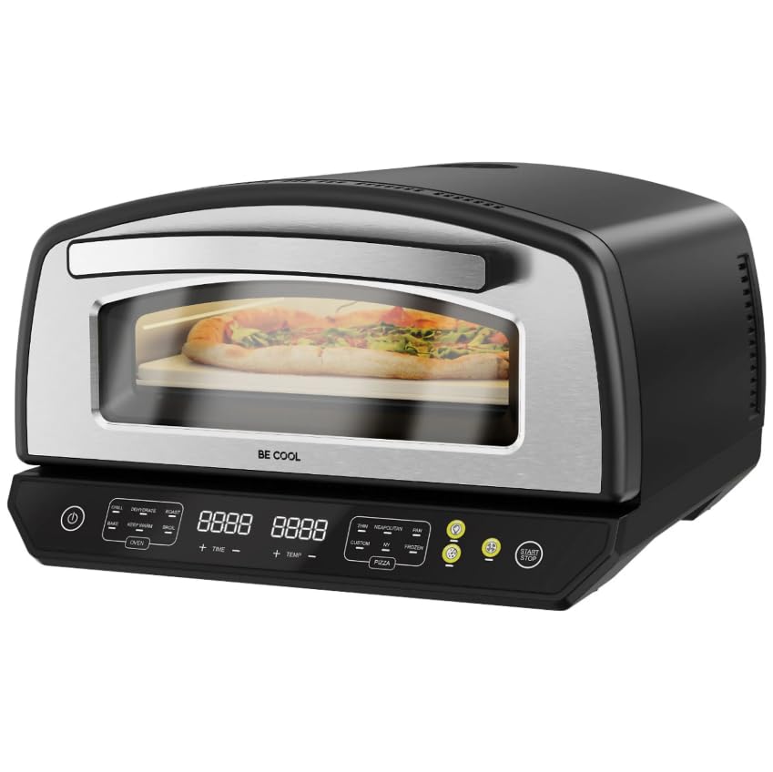 BE COOL Horno de pizza multifunción con piedra de pizza, 33 cm - 2000 W, 450 °, pizza napolitana, 6 programas, 4 funciones, pantalla táctil, LED, calor superior y bajo, cocina, parrilla, asar