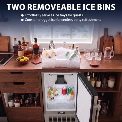 Image of Coolake 15 inch Undercounter Nugget Ice Maker Machine, 100Lbs /Day Outdoor Pebble Ice Maker with Double Ice Baskets, Stainless Steel Gravity Drainage Freestanding Built-in Ice Machine for Home Bar Kitchen