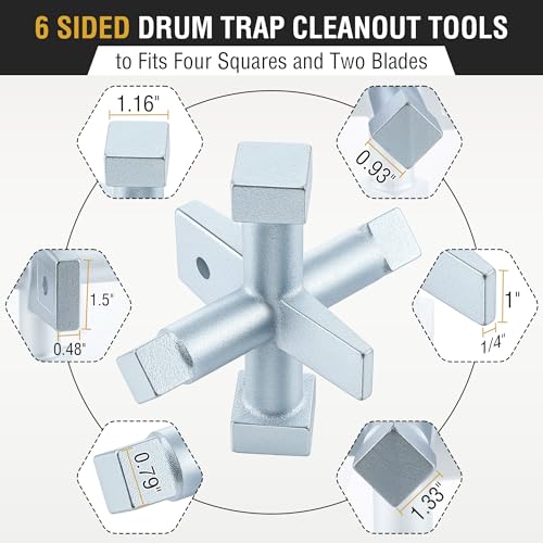 Feekoon 6 Sided Cleanout Plug Wrench, Plumbing Tools and Plumbing Wrench, Threaded Drum Trap Tools for Both Slotted or Square Countersunk Cleanout Plugs Drum Traps Heavy Duty Iron(Blue Zinc Plating) - Thumbnail 2