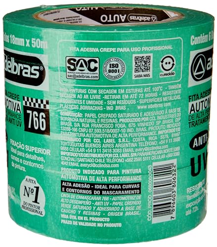 Fita Crepe, 766 Mask Automotiva, 18mm x 50metros, Verde, Adelbras, Pacote com 06 Unidades