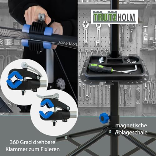 TRUTZHOLM Fahrradmontageständer 360° drehbar höhenverstellbar 50 kg Traglast Stahl mit magnetischer Werkzeugablage schwarz für Fahrräder Mountainbikes E-Bikes