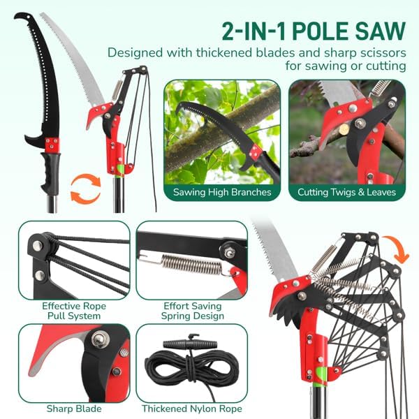 26ft Extendable Manual Pole Saw Set for Tree Pruning, Adjustable Fiberglass Handle Yard Trimmer with Alloy Steel Blade, Rope Pull Cutter System, Includes Gloves and Bag for Tall Branches and Shrubs