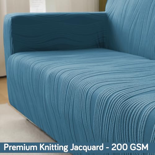 Image of HOKIPO 200 GSM Premium Knitting Jacquard Fully Covered Stretchable Sofa Cover for 3 Seater, 'Nestiva Series' Sea Blue (NEW2-AR-5309-BL)