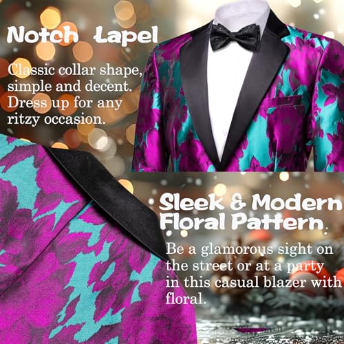 Barry.Wang Mens Flowers Blazer Suit Jacket Floral Jacquard Notched Lapel Tuxedo Casual Sport Coat Disco Prom Wedding Party2