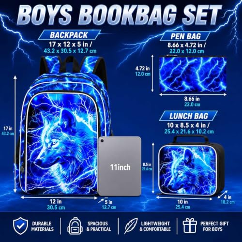 Image of 3Pcs Wolf Backpack for Boy, 17 inch Lightning Bookbag for Elementary Preschool Kindergarten, Kids School Backpacks with Lunch Box (Blue)