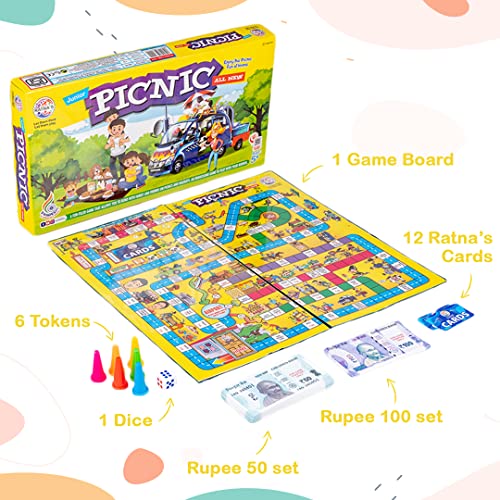 Image of Ratna's Picnic Junior Board Game for Family, with Pegs, Dice, Cards and Game Money, Educational Games for Kids Age 5+ Years