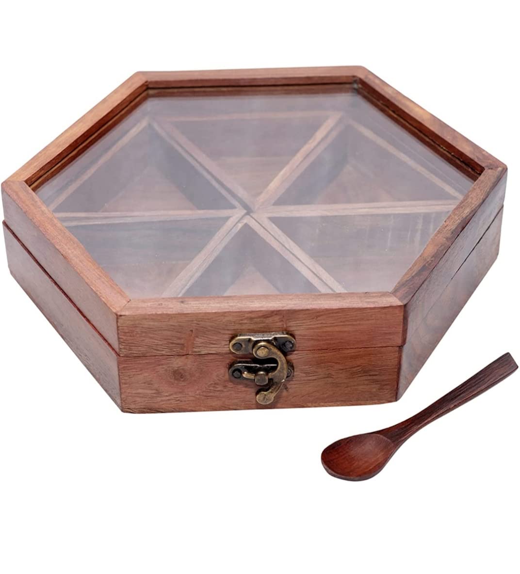 DELUX WOOD CARVER wooden Handmade hexagon spice box with 6 container and a 2 spoon made up of pure sheesham wood with glass lid - 1 peice Brown (B09SBPB7HM) Amazon Price History, Amazon Price Tracker