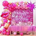 Winrayk Hot Pink Birthday Decorations for Girls Women, Pink Balloon Garland Arch Kit with Backdrop Tablecloth Large Spa Makeup Foil Balloons, 16th 18th 21st 30th Princess Birthday Party Decorations