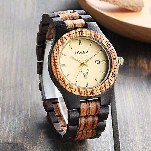 Leeev Wooden Watches, Uwood Series Zebra Sandalwood Japanese Quartz Analog Watch For Men With Calendar Unisex Wristwatch #TOP1