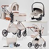 Lnhcrbs Poussette 3 en 1 avec Nacelle, Poussette de Voyage's Nacelle est Pliable, Trio Poignée est Réglable, les Roues sont en Matériau PU, pour Enfant de la Naissance à 3 Ans,Beige
