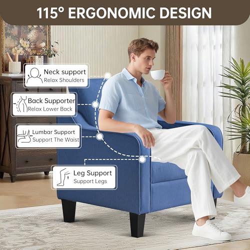 Image of Mid-Century Modern Accent Chairs Set of 2, Living Room Chairs, Comfy Reading Armchair, Upholstered Small Sofa Chair for Bedroom, Office, Blue