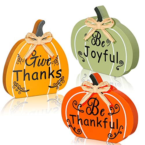 3 Pcs Fall Wooden Pumpkin Sign Fall Thankful Joyful Thanks Pumpkin Tiered Tray Decor Fall Table Signs Harvest Thanksgiving Wood Block Sign for Home Party Halloween Decorations (Orange, Green, Yellow)