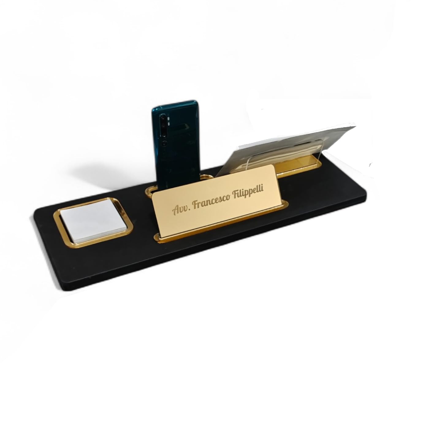 Oggettando Set Scrivania in eco pelle PU Nera, 5in1 Organizer con Supp. smartphone, Porta lettere, Porta bigliett, Portacarte ades, Cavaliere person, Sottomano, Portafoto Ufficio, Casa (ACRILICO ORO)