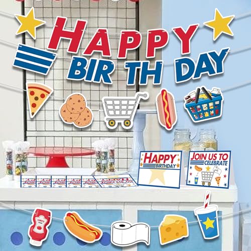 Image of HOMEZZO Supermarket Birthday Party Decorations - Supermarket Grocery Themed Hanging Banner and Tent Cards for Birthday Food Party