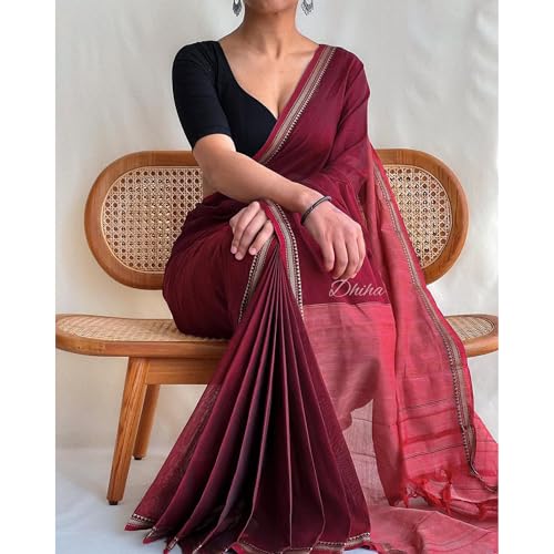 Image of Narayanpet Pure Cotton Avani Border Saree for Women with Running Blouse | Tassels | Traditional Woven Solid Design | Handloom Weave