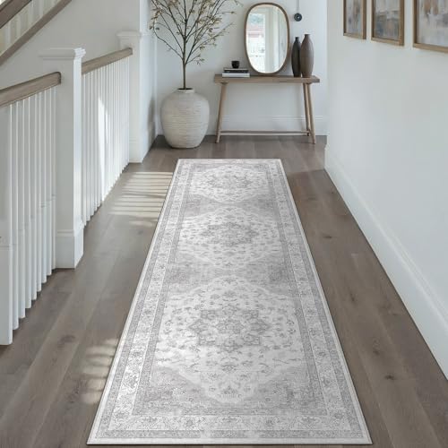 Grey Gray Runner Rug 2x8 Washable Vintage Long Carpet for Hallway Kitchen Soft Retro Low Pile Thin Indoor Runner Non Slip Oriental Medallion Throw Rug for Bathroom Bedroom Laundry Dining Roo