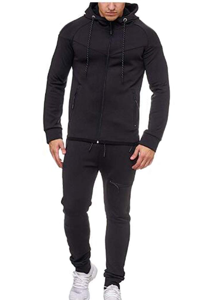 Huixin Dres męski na co dzień moda jednolity kolor dres spodnie dresowe + z zamkiem błyskawicznym bluza top zestaw, Czarny, 3XL