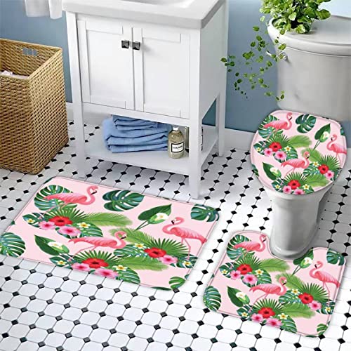 Zifarm Badematte rutschfeste 50x80 cm Flamingo Badvorleger-Set 3D Drucken Palmblätter Rosa Blumen Mikrofaser Flanell… – Bild 4
