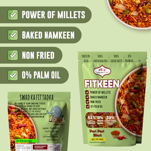Image of GROWFITZ Baked Namkeen Mixture 200g | Peri Peri Flavor | Non-Fried Millet Snack | 0% Palm Oil | 12.4g High Protein | Healthy Tea-Time Snack (200gram - Pack of 2, Peri Peri Spicy)