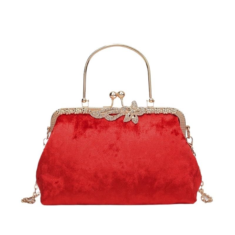 Bolso de Terciopelo con Cremallera para Mujer, Bolso de Mano para Banquetes, Bolso Cruzado con Cadena (Rojo)