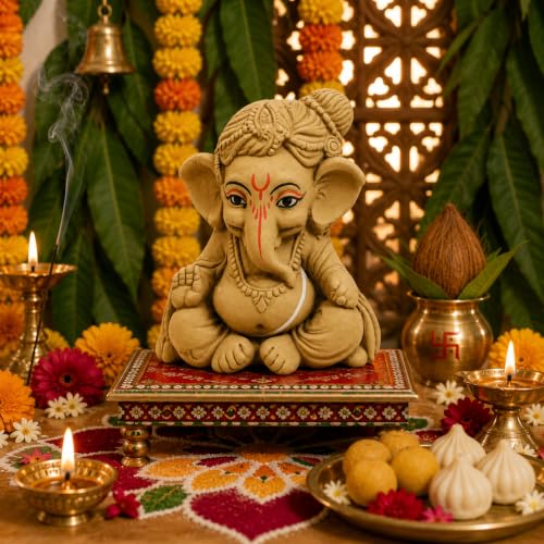 Image of Clay Ganesh Idol, 4 Inches Height, Water Soluble Ganpati Murti for Ganpati Visarjan (Small) (Natural Brown - Bal Gopal)