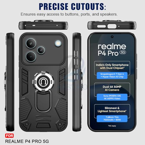Image of AESTMO Realme P4 Pro 5G Back Case Cover | Tough Armor Bumper | Ring Holder & Kickstand in-Built | 360 Degree Protection Cover for Realme P4 Pro 5G (Black)