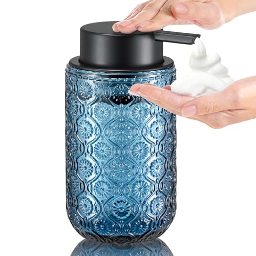 zuxzmj Blue Glass Foaming Hand Soap Dispenser with Matte Black Pump Thick Embossed Bottle Refillable for Bathroom and Kitchen Decor 13.5 oz