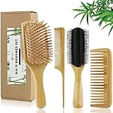 4 Pcs Bamboo Hair Brushes With Paddle Brush, 9-Row Brush and Comb Set Massage Scalp Drying & Styling...
