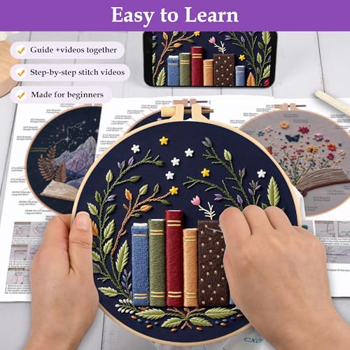 Image of Uniartfy 3 Pack Embroidery Starter Kit, Stamped Book Flower Mountain Butterfly Cross Stitch Kits for Beginners, Needlepoint Kits Adults with Embroidery Hoop and Instructions, Hand Embroidery Kit