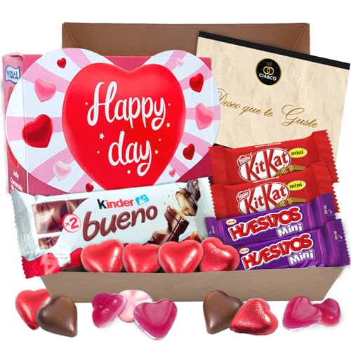 Cajita para Regalo con Chocolate Kinder Bueno, Bombones en forma de Corazon Rellenos, Kit Kat, Huesitos, Gominolas, y Mucho M