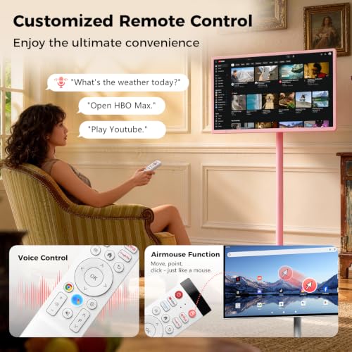 Image of VLH 32 Inch Portable Smart TV on Wheels, 1080P Touchscreen TV with Built-in 38,400mAh Battery, Android 15, 8GB RAM + 128GB Storage, 5MP Camera, Voice Remote for Bedroom, Kitchen, Office(Pink)