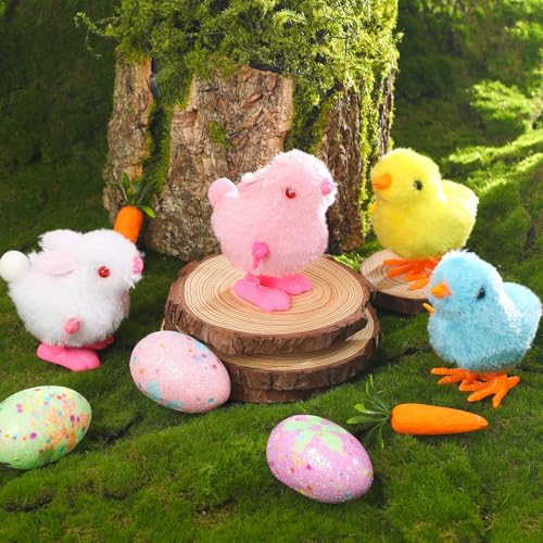 DECYOOL 6PCS Wind Up Bunny and Chick Clockwork Toys Novel Easter Wind Up Toys for Easter Eggs Plush Chicken Wind Up Toys for Easter Basket Stuffer (Color Random)
