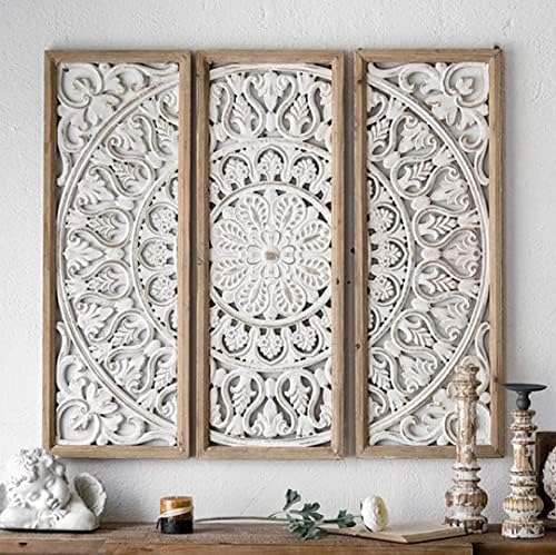 WoodIdea Wood Carved Floral Wall Decor (Set Of 3) Panel Wood Wall Art ...